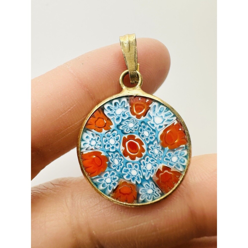 Vintage Murano Glass Millefiori Pendant Blue Orange Gold Over Sterling Silver